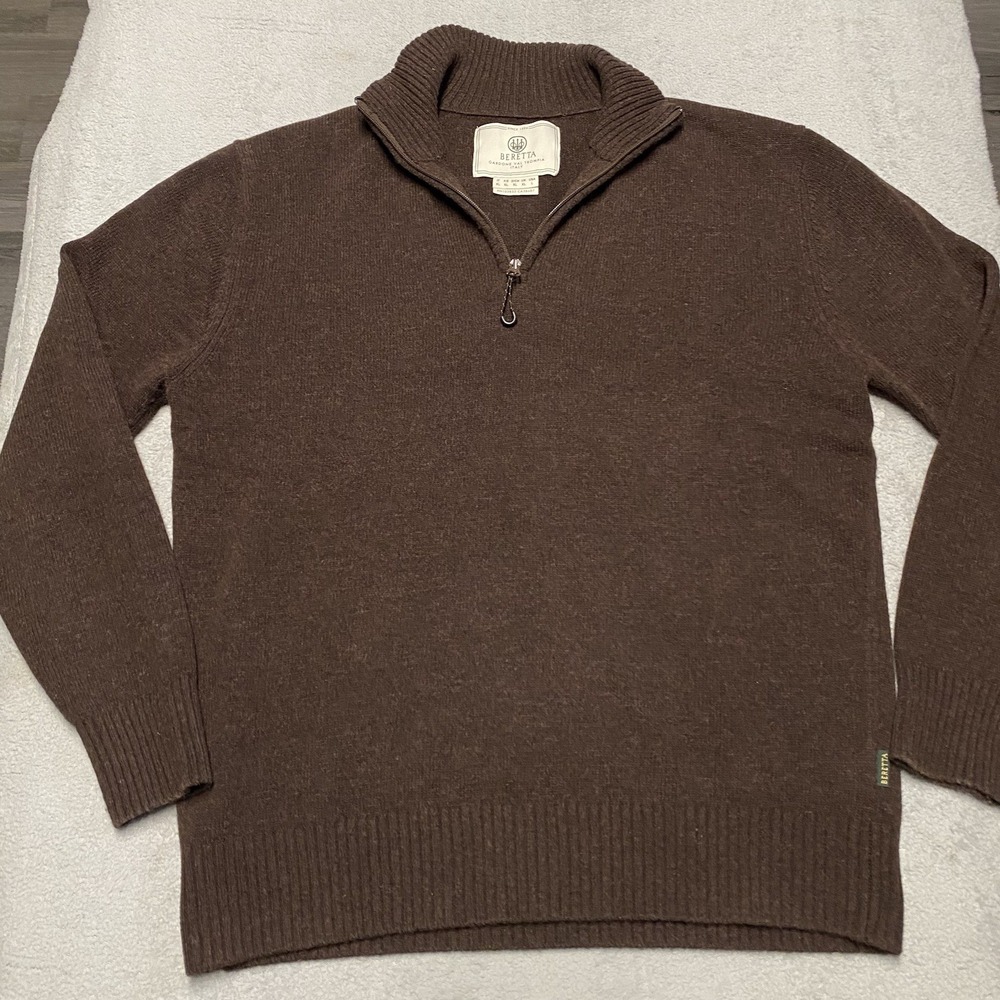Beretta Wool Blend Sweater Mens Large Brown Knit Outdoors 1/4 Zip Pullover